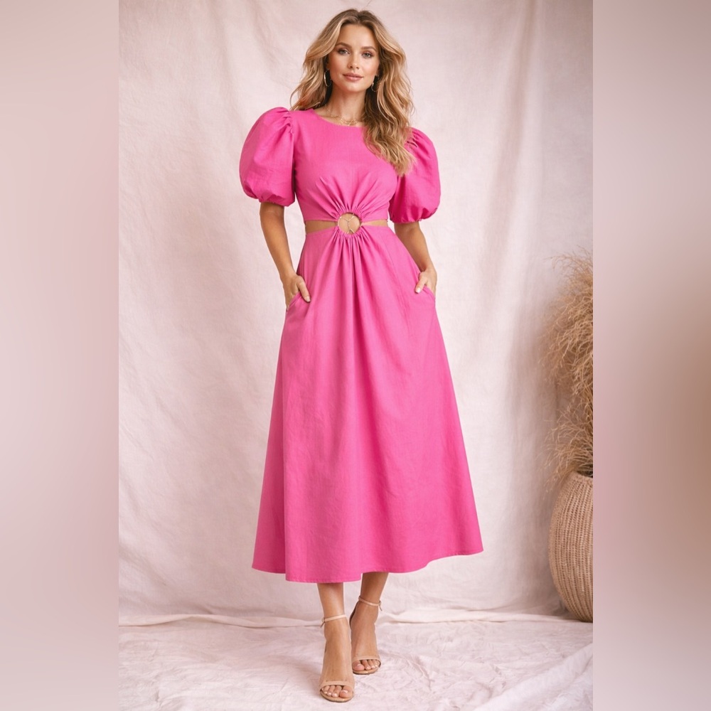Beautiful Pink Puff Sleeve O-Ring Dress M Cutout Waist NWT